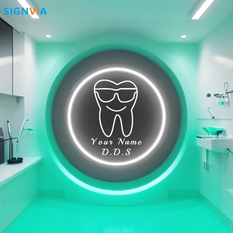 Custom Neon LED Tooth Sign with Glasses USB-Powered Wall Decor for Dental Parties Personalized Name White Light Circular Decor