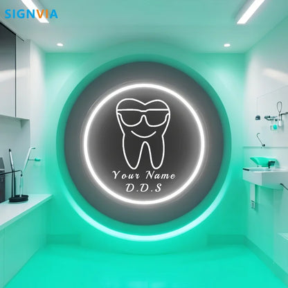Custom Neon LED Tooth Sign with Glasses USB-Powered Wall Decor for Dental Parties Personalized Name White Light Circular Decor