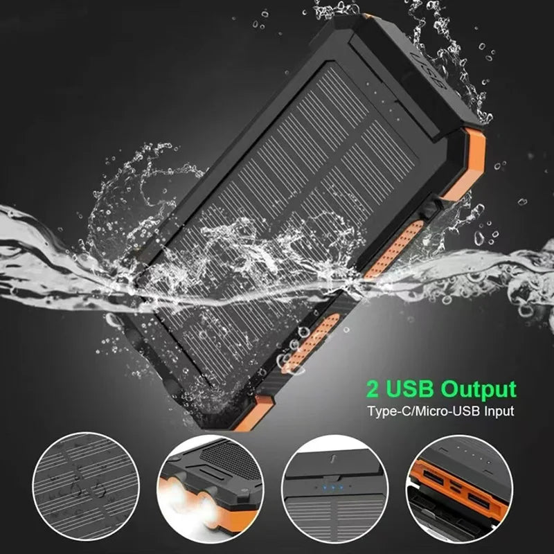 20000mah Waterproof Solar Powerbank Portable Large Capacity Charger Solar Fast Charging Waterproof With Compass For Ios Android