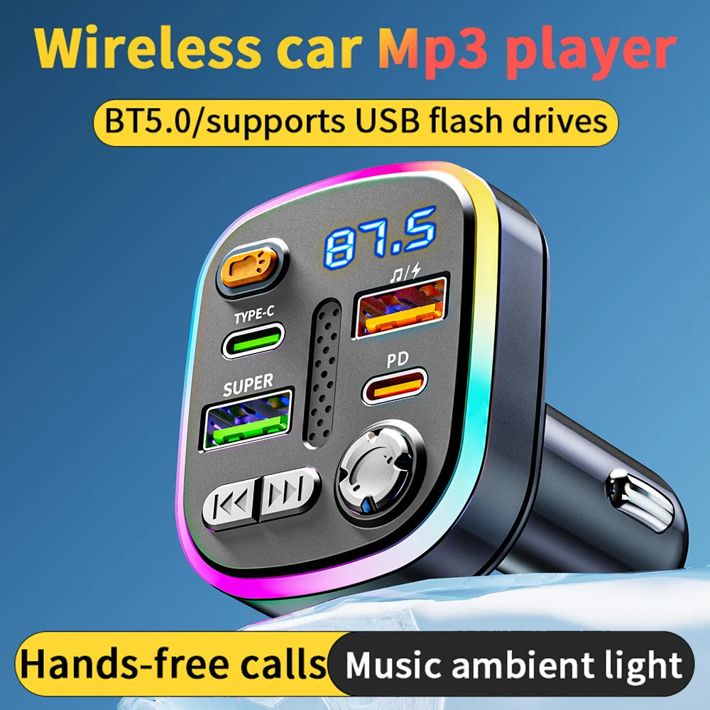 Bluetooth 5.0 FM Transmitter Car Charger Dual PD Type-C Dual USB Ambient Player MP3 Charger Type-C Wireless Light Handsfree