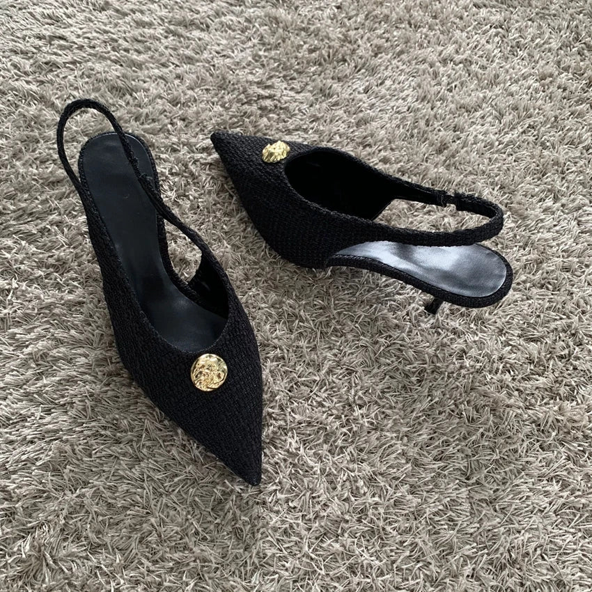 Fashion Women’s Black High Heels Sexy Pointed Shallow Mouth Pumps 2025 Spring Female Slingbacks Dress Office Shoes