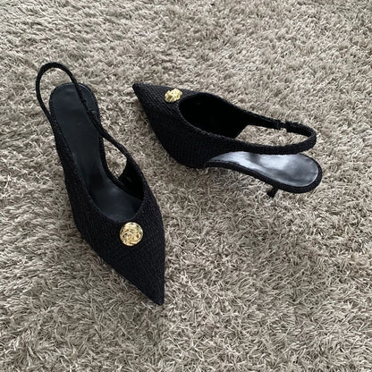Fashion Women’s Black High Heels Sexy Pointed Shallow Mouth Pumps 2025 Spring Female Slingbacks Dress Office Shoes