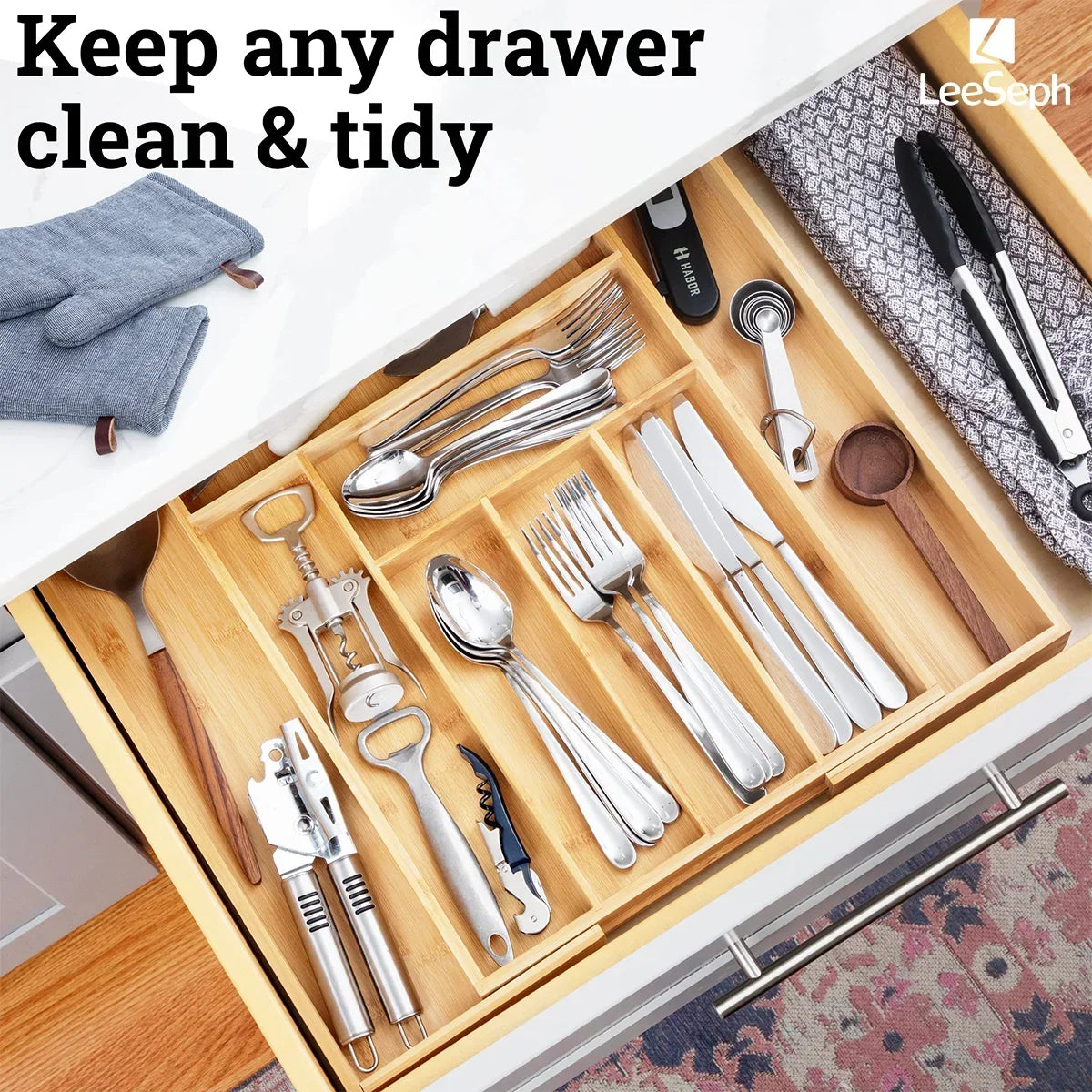 Bamboo Expandable Drawer Kitchen Organizer for Spoons Forks Knives cutleries Utensils Holder Adjustable Cutlery Tray Divider
