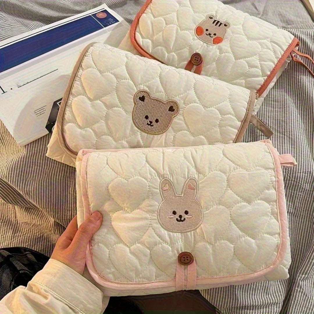 Cream Bear-Portable Diaper Changing Pad,Diaper Pouch-Foldable,Breathable with Adjustable Strap for Travel &Short Trip