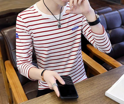 T Shirts for Men Stripe Tops Red Cotton Male Clothes Round Neck Harajuku Fashion Sale High Brand Regular Fit It Full Sleeve Tee
