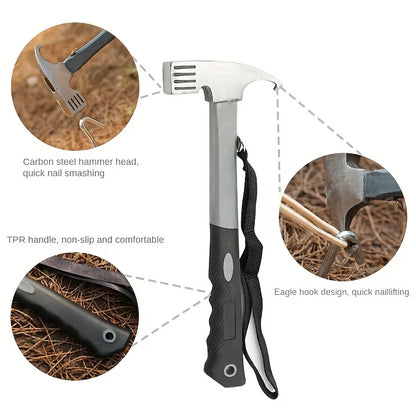 Heavy-duty Multi-purpose Camping Hammer with Tent Post Remover and Safety Grip Belt, Essential Outdoor Camping and Hiking Tools