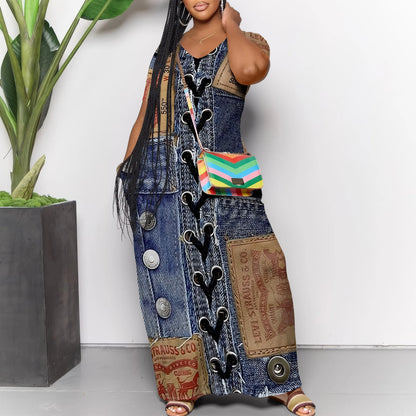 Women's Casual Maxi Dresses Summer Suspender Beach Dress Sundress with Pockets