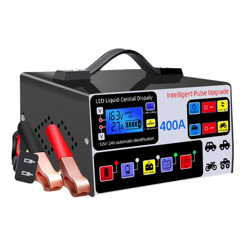 400A Car Battery Charger 12V/24V Battery High Power Fast Charger 220W Intelligent Pulse Repair Charger Self-Stop Battery Charger