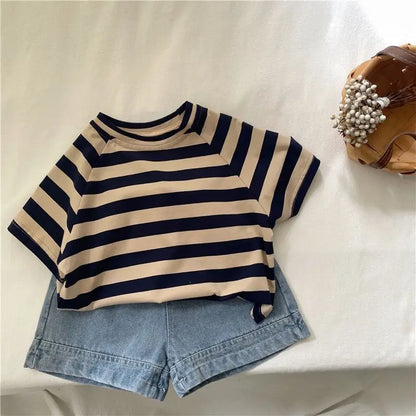 Fashion striped T-shirts for kids baby cotton short sleeve Tees boys and girls casual Tops clothes