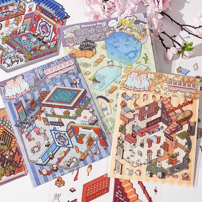 Cartoon 3D Chinatown Landscape Sticker Theater Pharmacy Restaurant DIY Pocket Cabin Scene Stickers Gift for Kid Child