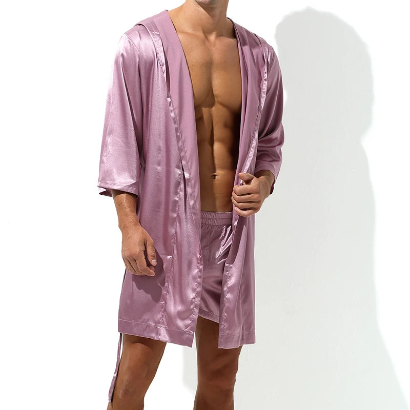 Men's Sleepwear Robe Night Clothes Silk Kimono Bathrobe Men Hooded Szlafrok Pajamas Peignoir Sleeve Ropa Sexy Hombre Man's Gown