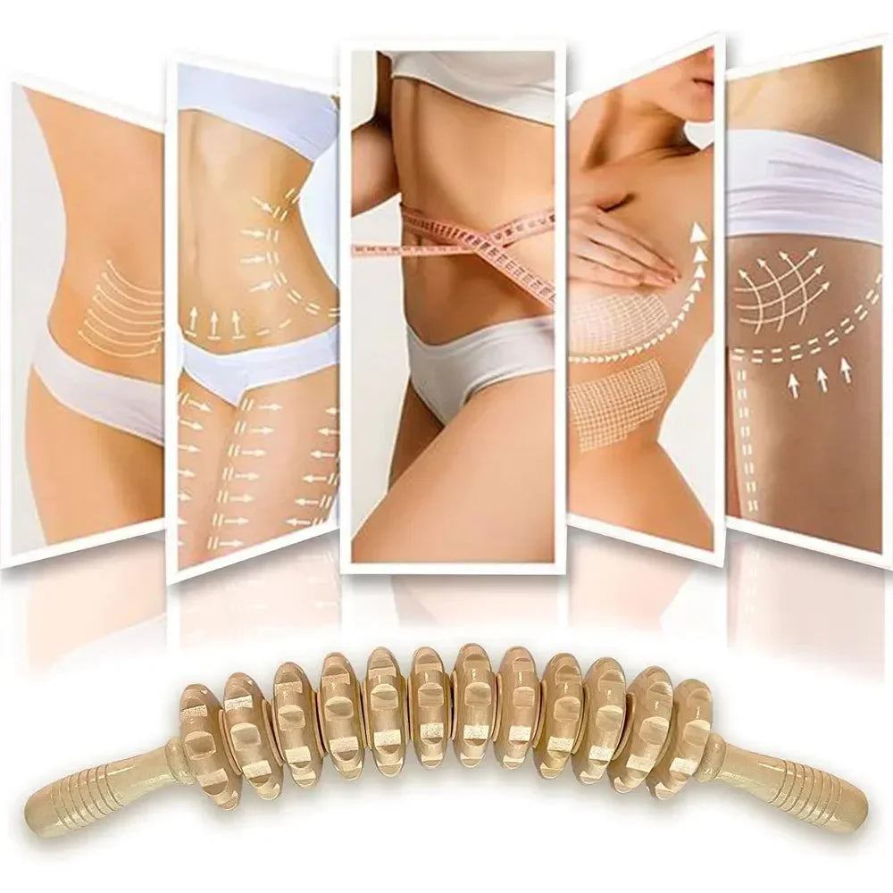 12 Rollers Wooden Curved Massager Handheld Roller Stick, Trigger Point Body Therapy Massager for Belly Waist Muscles Pain Relief