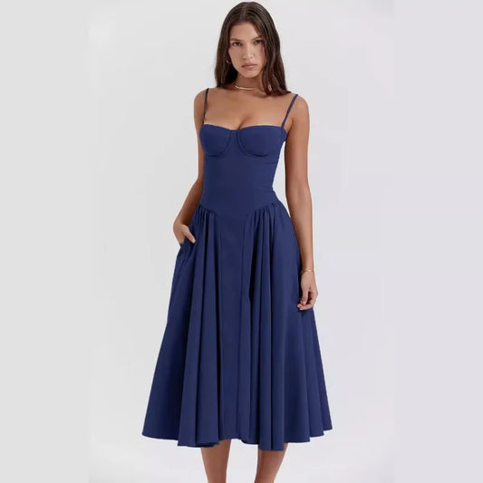 Spring Summer New Women's Clothing Solid Color Strap French Retro Dress Sleeveless Long Maxi Dresses