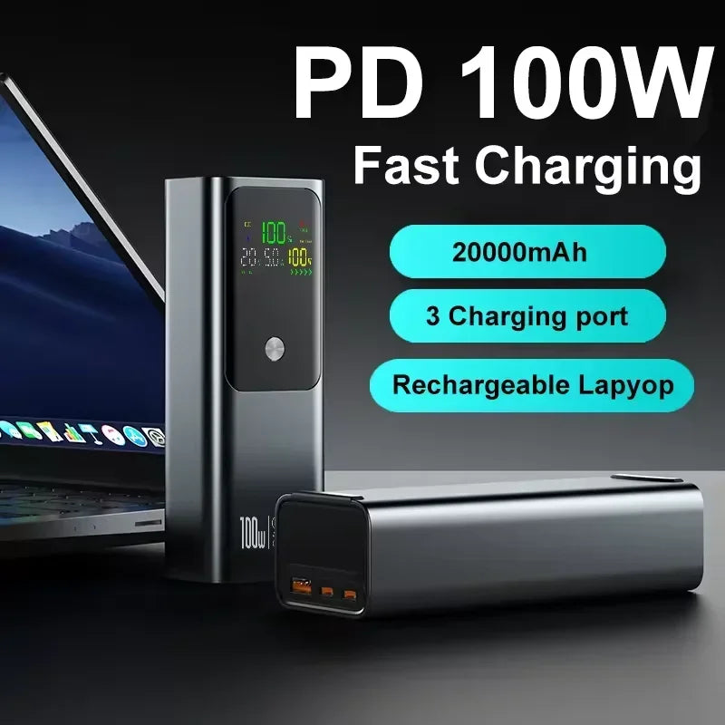 New PD100W Fast Charging Power Bank 20000mAh High Capacity Portable Charger External Spare Battery Laptop Powerbank for IPhone