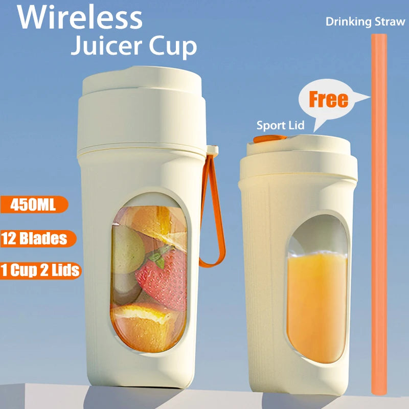 Portable Electric Juicer Blender With Straw 450ML Wreless Juicer Mini Juicing Cup USB Charging 12 Blades Gift Sport Lid