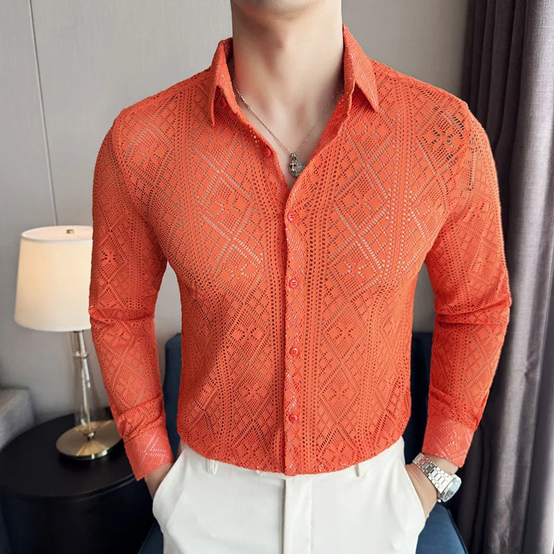 Quality Hollow Shirts For Men Korean Luxury Clothing Fashion Sexy Lace Men's Social Shirt Dress Slim Fit Long Sleeve Prom Tuxedo