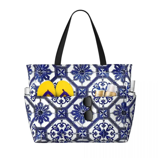 Blue And White Portuguese Tile Beach Travel Bag, Tote  Fashionable Adult Gifts Shoulder  Multi-Style Pattern