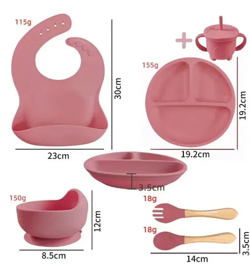 6Pcs Baby Silicone Feeding Set Self Feeding Bowl＆Divided Plate＆Adjustable Bib＆Soft Spoon&Fork, for Babies and Toddlers