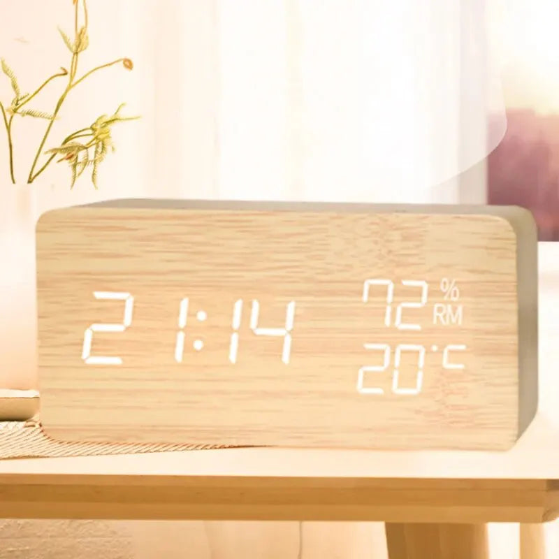 Digital LED Wooden Alarm Clock, Desk Clock, Voice Activated, Electronic Desktop Clock, Luminous Silent Alarm Clock