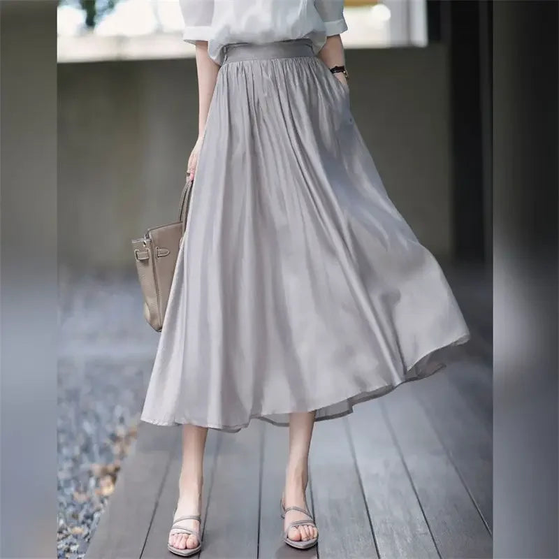 Skirts for Women Silk Clothing Office Satin Long Womens Skirt Maxi Grey with Pocket Formal Trend Korean Style Cheap Summer 2024
