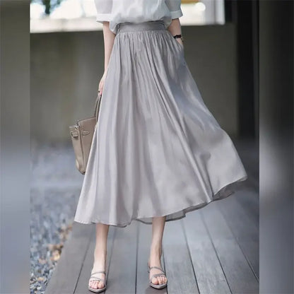 Skirts for Women Silk Clothing Office Satin Long Womens Skirt Maxi Grey with Pocket Formal Trend Korean Style Cheap Summer 2024