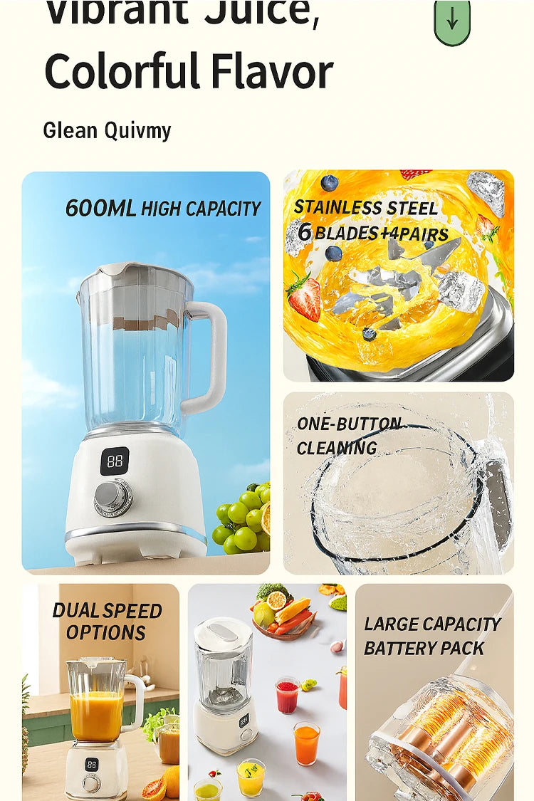 Portable Blender Cup 600ML Mini Juicer Mixer/3000mAh USB Rechargeable/10-Blade Powerful Motor For Smoothies/Vegetables