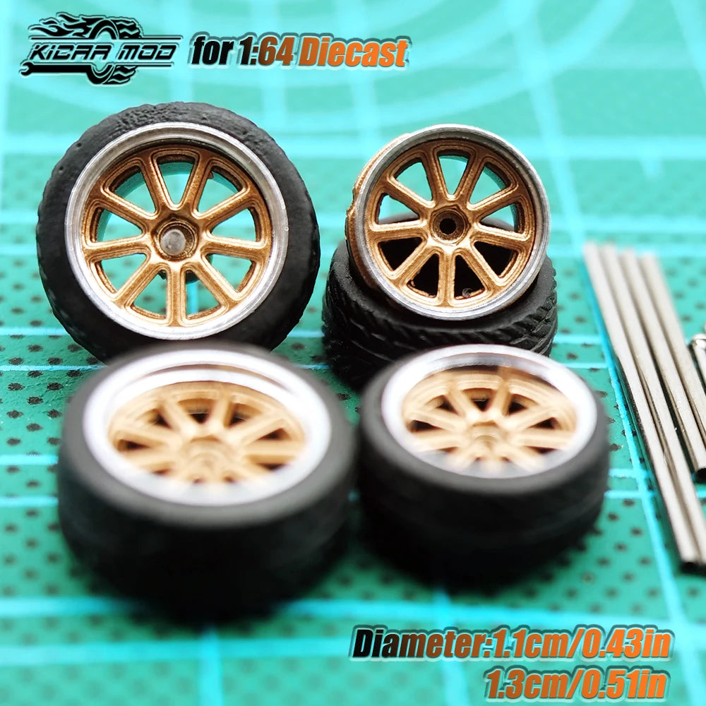 Kicarmod 1/64 Model Car ABS Wheels with Rubber Tire Metal Rims Front Small Rear Large Refitting Parts For Model Car Hot Wheels