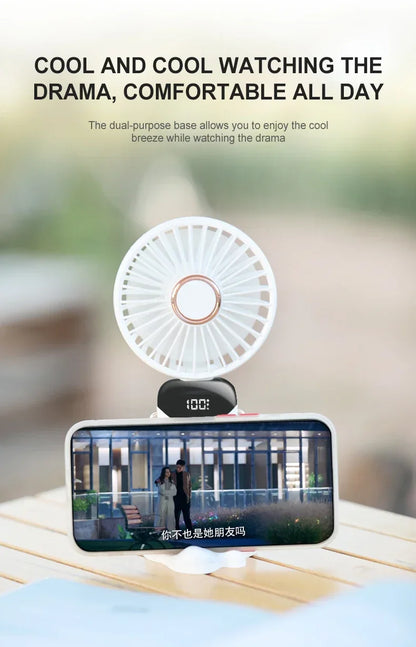 Handheld Mini Fan Foldable Portable Neck Hanging Fans 5 Speed USB Rechargeable Fan with Phone Stand and Display Screen 1800mAh