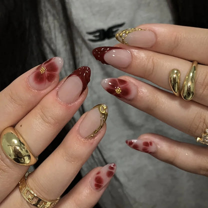 24pcs White Flower Fake Nail Tips Ins Yellow Pink Blush False Nails Wearable Full Cover European Almond Shaped Press on Nails