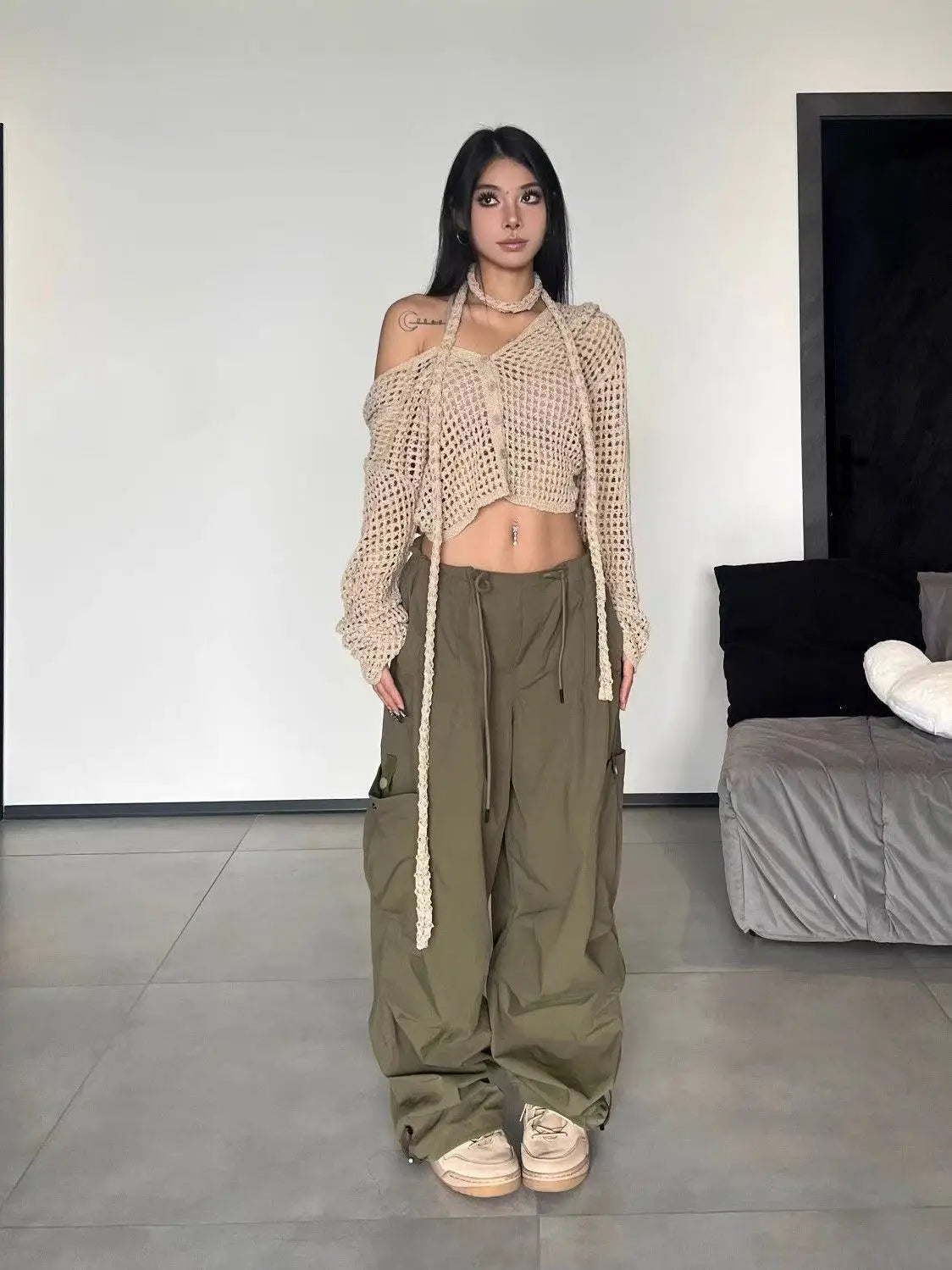 American Vintage Loose Cargo Pants Women Casual Street Personality Women's Cargo Pants Drawstring Design New Spring Trousers