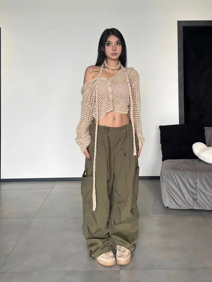 American Vintage Loose Cargo Pants Women Casual Street Personality Women's Cargo Pants Drawstring Design New Spring Trousers