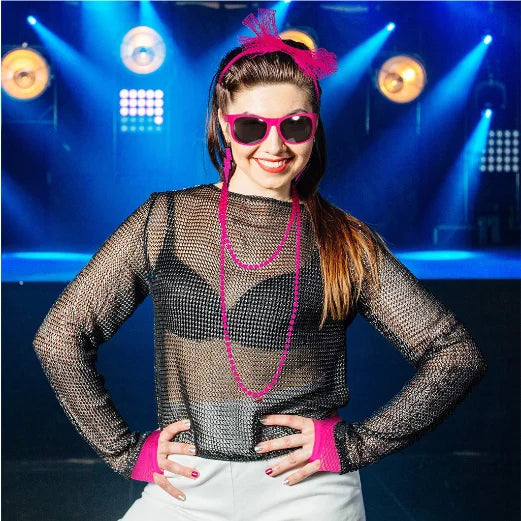 80s Fancy Dress Accessories Women Party Costume Set Adult Tutu Skirt Neon Fishnet Gloves Beaded Necklace Bracelet Earrings