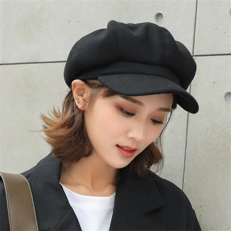Women's Hat Autumn Warm Octagonal Hat Woolen Cloth Casual Beret Cap Solid Artist Painter Newsboy Hat Men Cap Boina