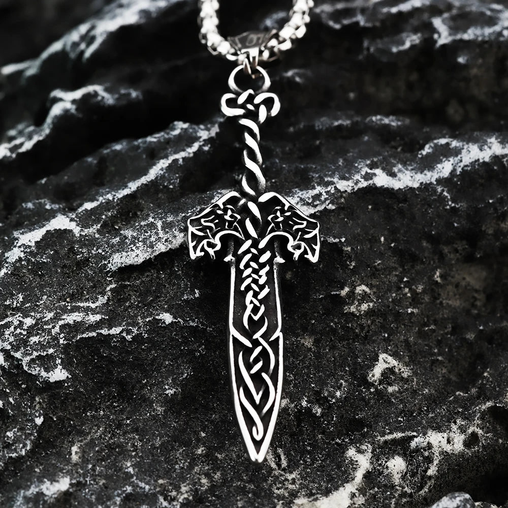 Viking Pendant Double Wolf Celtic Knot Rune Sword Men's Pendant Fashion Stainless Steel Jewelry