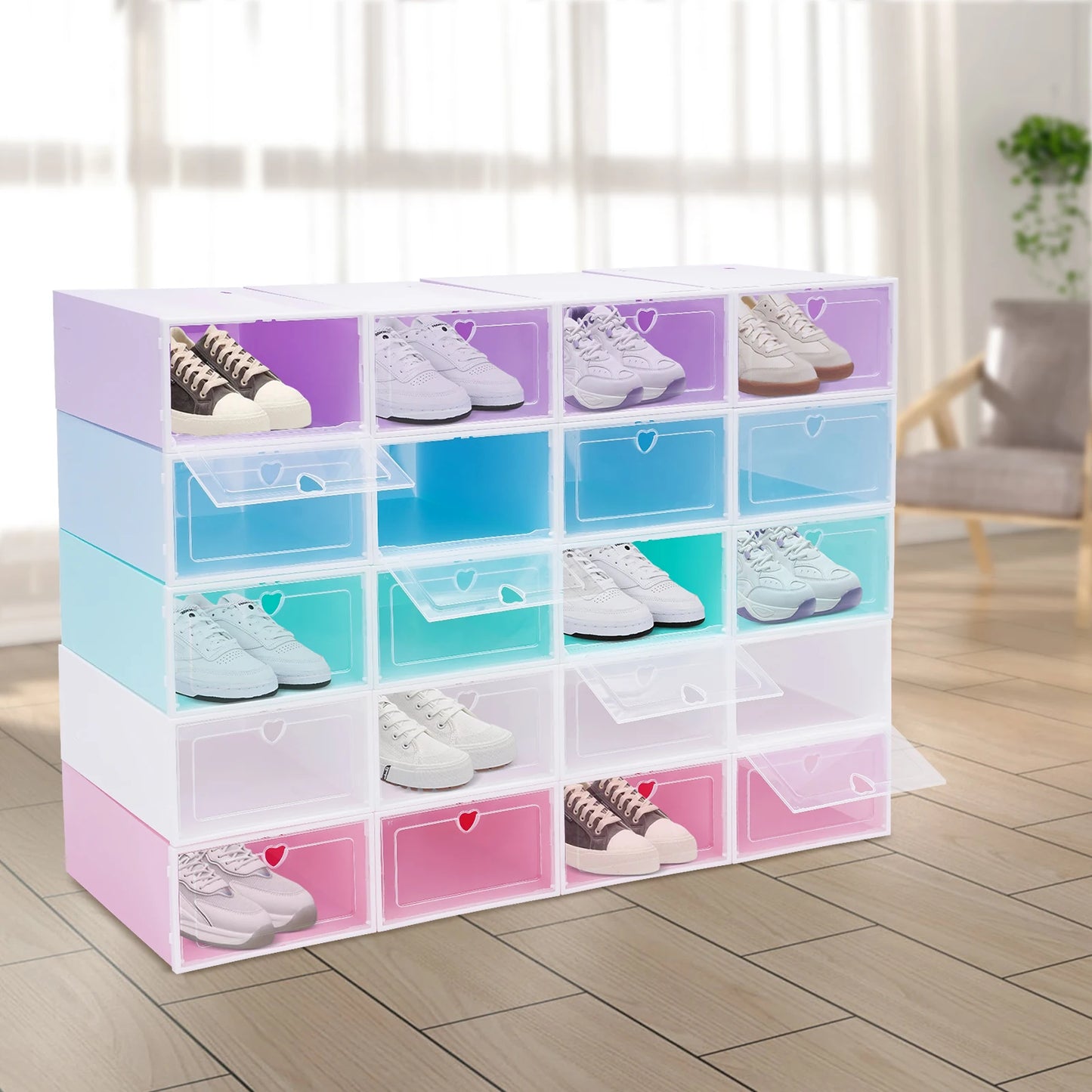 20Pcs Foldable Shoe Storage Boxes with Lids Transparent Stackable Containers Drawer Style PP Plastic Shoe Organizers