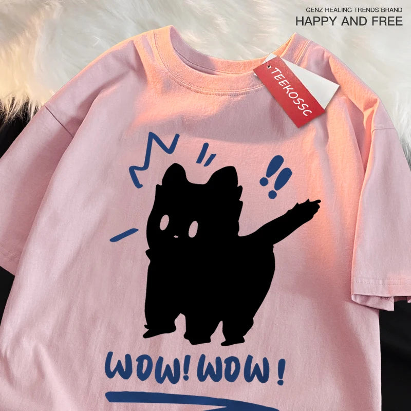 Wow Wow Fun Black Cat Print Japanese Style Men Women Top Fashion T Shirt Cotton Loose T-Shirt Casual O-Neck Clothes Oversize Top