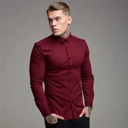 Men's Shirt Fashion Full Sleeve Shirt Men's Muscle Casual Slim-fit Business Dress Solid Color Shirt Men's Gym Fitness Men Shirt