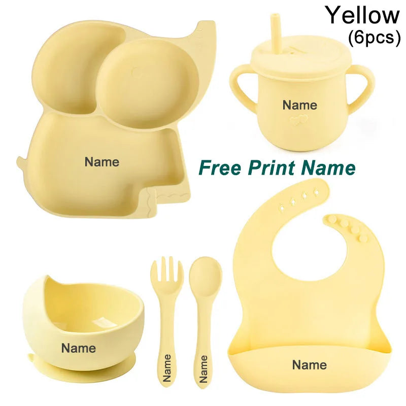 Silicone Baby Feeding Set Soft Silicone Sucker Plate Bowl Elephant Plate Personalized Name Feeding Bib Apron Children's Dishes