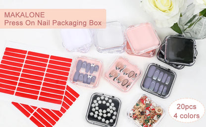 20pcs Press On Nail Packaging Boxes With Double Sided Adhesive Nail Tape Acrylic Press On Nail Storage Box in 4 Colors For Nail