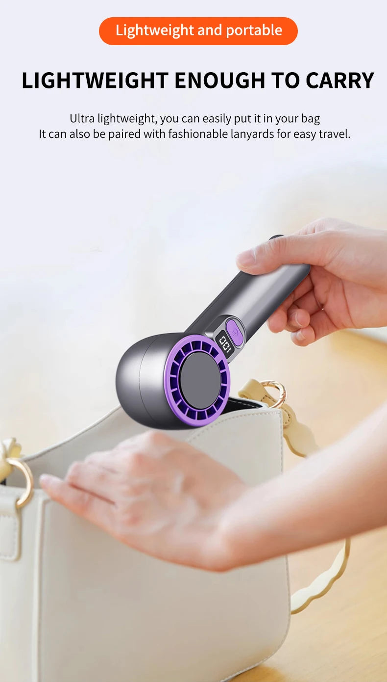 Digital display handheld fan with outdoor portability, USB rechargeable, featuring strong wind power, extended battery life.