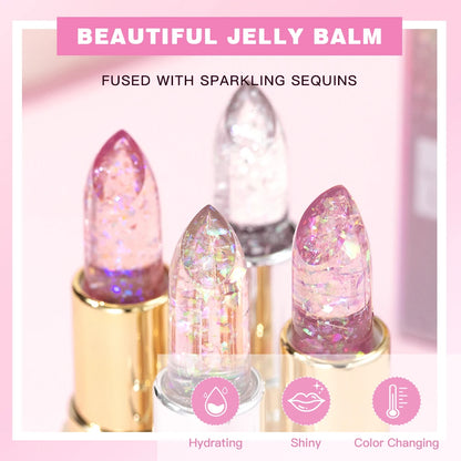 QIBEST Glitter Jelly Lipstick Lip Balm Colors Changing Lipstick Moisturizing Makeup Water Glossy Transparent Lip Stain Cosmetics