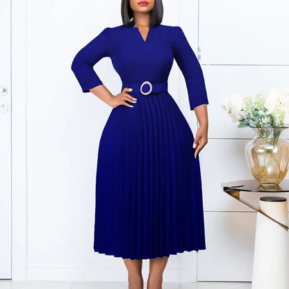 Office Dresses for Women V Neck Full Sleeve Belt Waisted Pleated Mid Calf Elegant Female Business Work Wear Dress Midi Cloth New