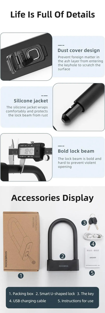ROCKBROS Bicycle Smart Lock Bluetooth Fingerprint Unlock Waterproof High Strength Steel Alloy Anti-theft U-Lock Bike Accessories