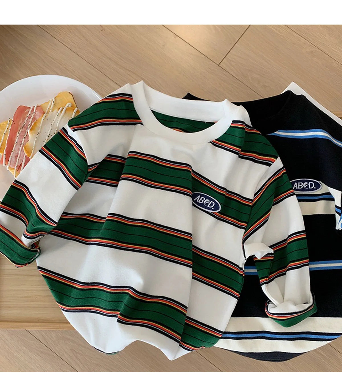 2025 Spring Autumn Kids Boys T-shirts Cotton Striped Loose Sticker Casual Long Sleeve Baby Girls Shirts Toddler Boys Tops