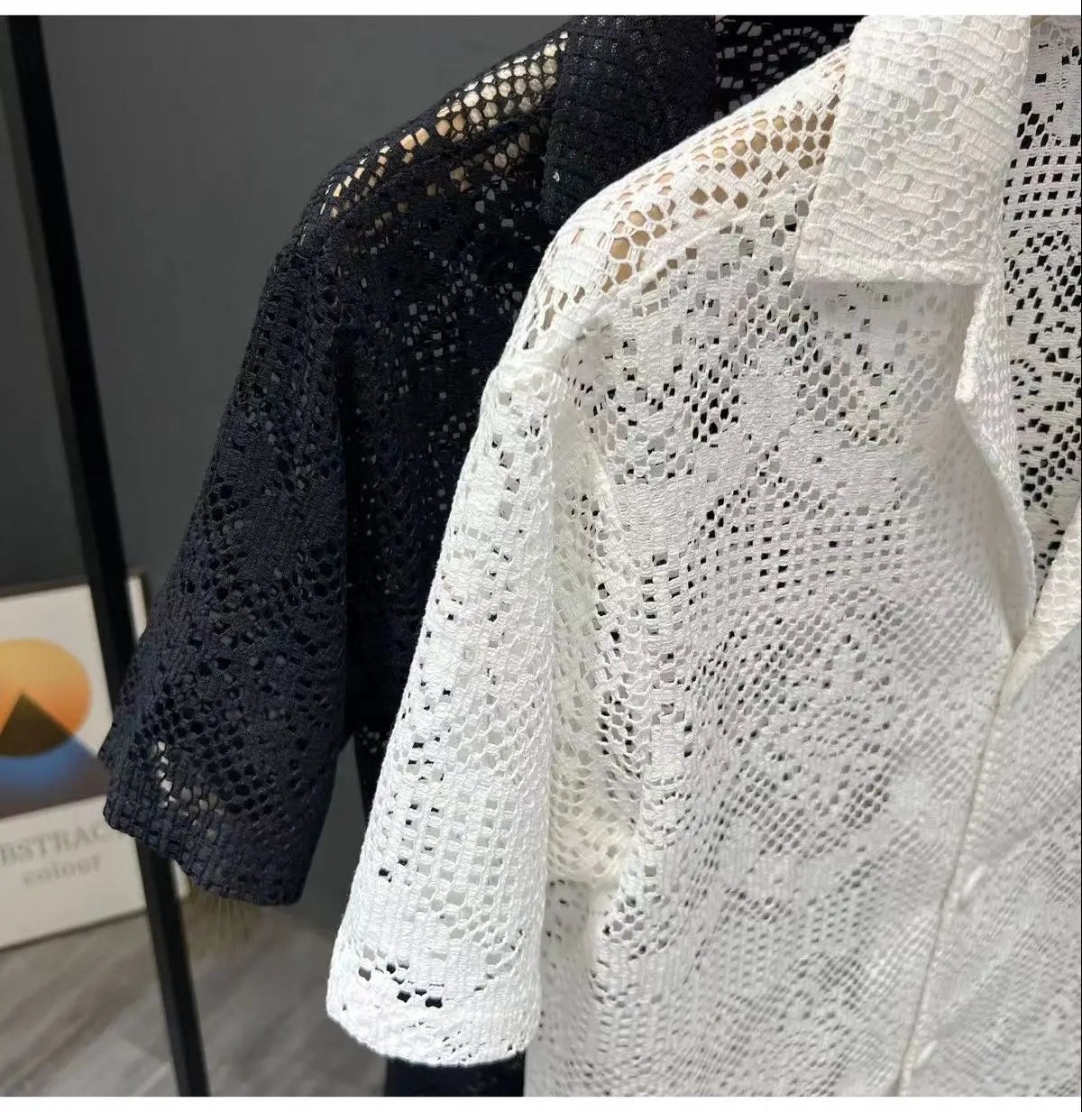 Vintage Ice Silk Lace Shirts For Men Sexy Lace Breathable Hollow Out Tops Summer Fashion Cuban Collar Short Sleeved Shirt Male
