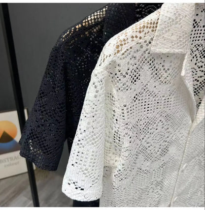 Vintage Ice Silk Lace Shirts For Men Sexy Lace Breathable Hollow Out Tops Summer Fashion Cuban Collar Short Sleeved Shirt Male