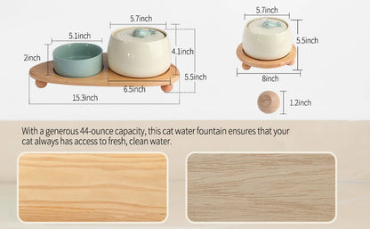 1.3L Ceramic Cat Fountains for Drinking, Anti-burn Cat Water bowl with 1 wooden mat USB Automatic Water Dispenser for Cats