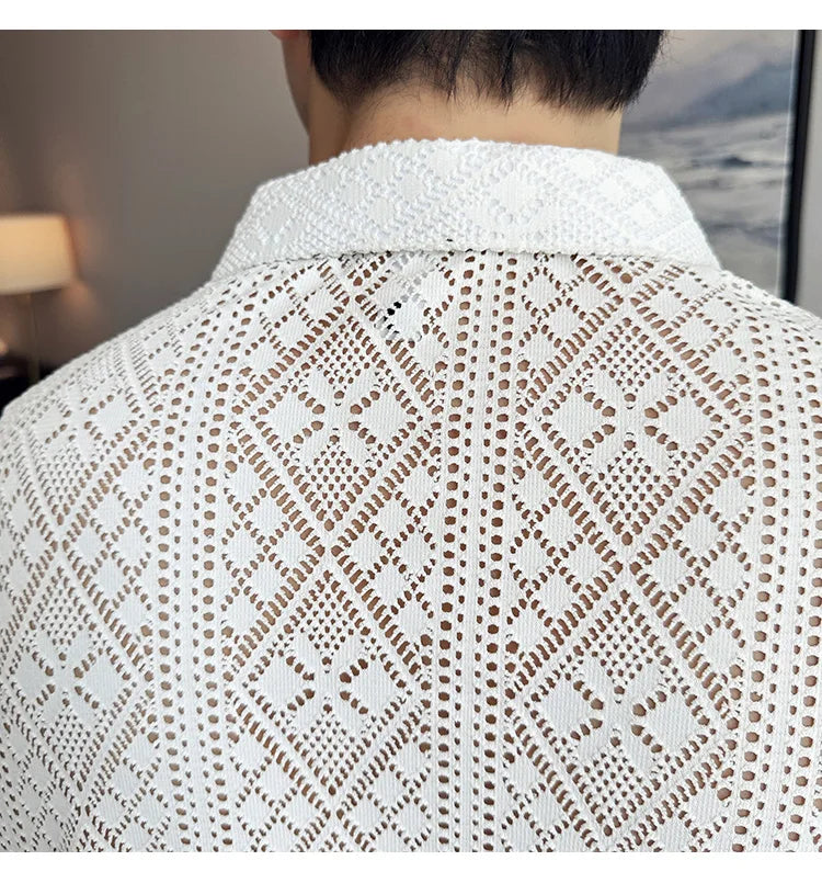 Quality Hollow Shirts For Men Korean Luxury Clothing Fashion Sexy Lace Men's Social Shirt Dress Slim Fit Long Sleeve Prom Tuxedo