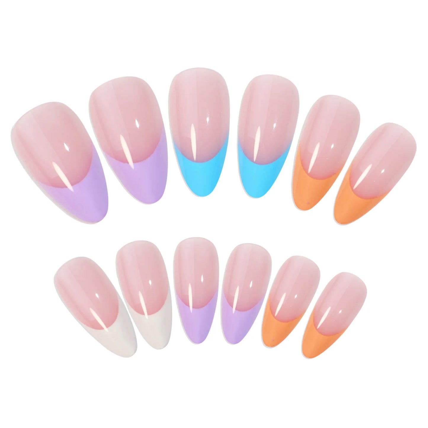 24Pcs Rainbow nail art multi-color fake nail French tip  long almond press on nail