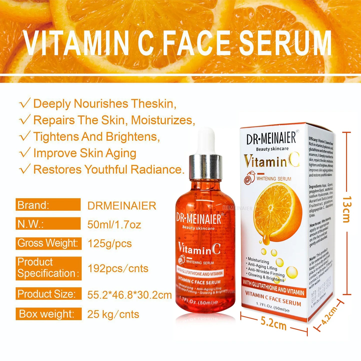50ml*2pcs Vitamin C Face Serum, Brightens, Hydrates and Reduces Signs of Aging, with Vitamin C, Hyaluronic Acid for Glowing Skin